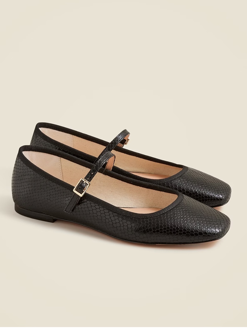 J. Crew Quinn square-toe Mary Jane flats in black snake-embossed leather, Size 7